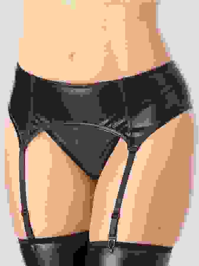 Lovehoney Fierce Wet Look Suspender Belt, Black, hi-res